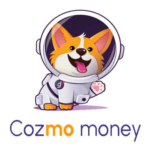 Ícono de la app de préstamo Cozmo Money: perro corgi caricatura con traje de astronauta