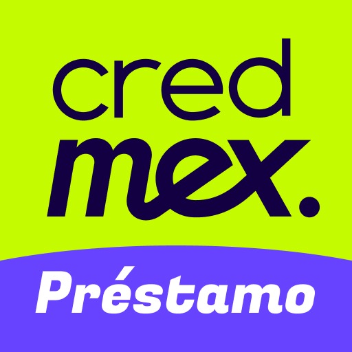 Ícono de la app de préstamo CredMex: texto cred mex en azul marino sobre fondo verde lima con banda morada que dice Préstamo