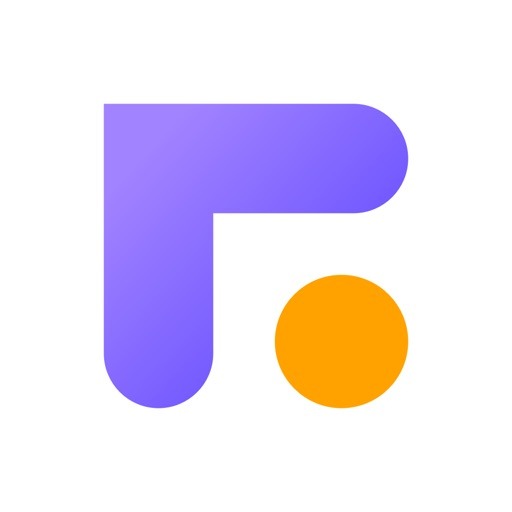 Ícono de app de préstamo bajo observación: figura geométrica morada en esquina con punto naranja sobre fondo blanco