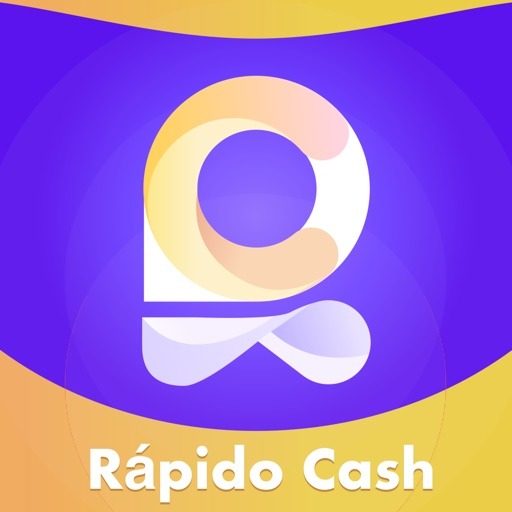 Ícono de la app de préstamo Rápido Cash: letra R abstracta en tonos crema sobre fondo morado con marco amarillo